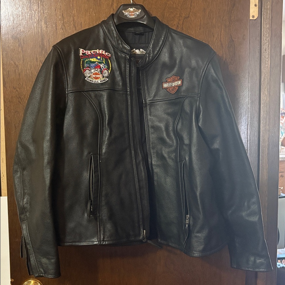 Harley-Davidson Black Leather Jacket with Colorful Patches